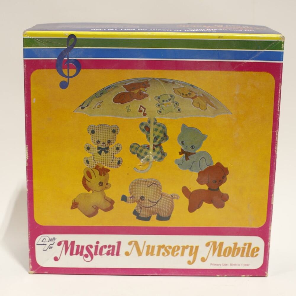 1970s Dolly Toy Nursery Mobile, Musical, Umbrella, Cute Animals ~ 260128-WH 1300